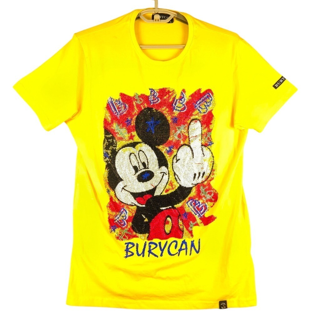 BURYCAN Graphic Tee Mickey Mouse Print Short Sleeve Yellow T-Shirt Large